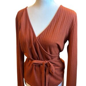 Ribbed Wrap Tie Waist Long Sleeve Top Rust Brown
